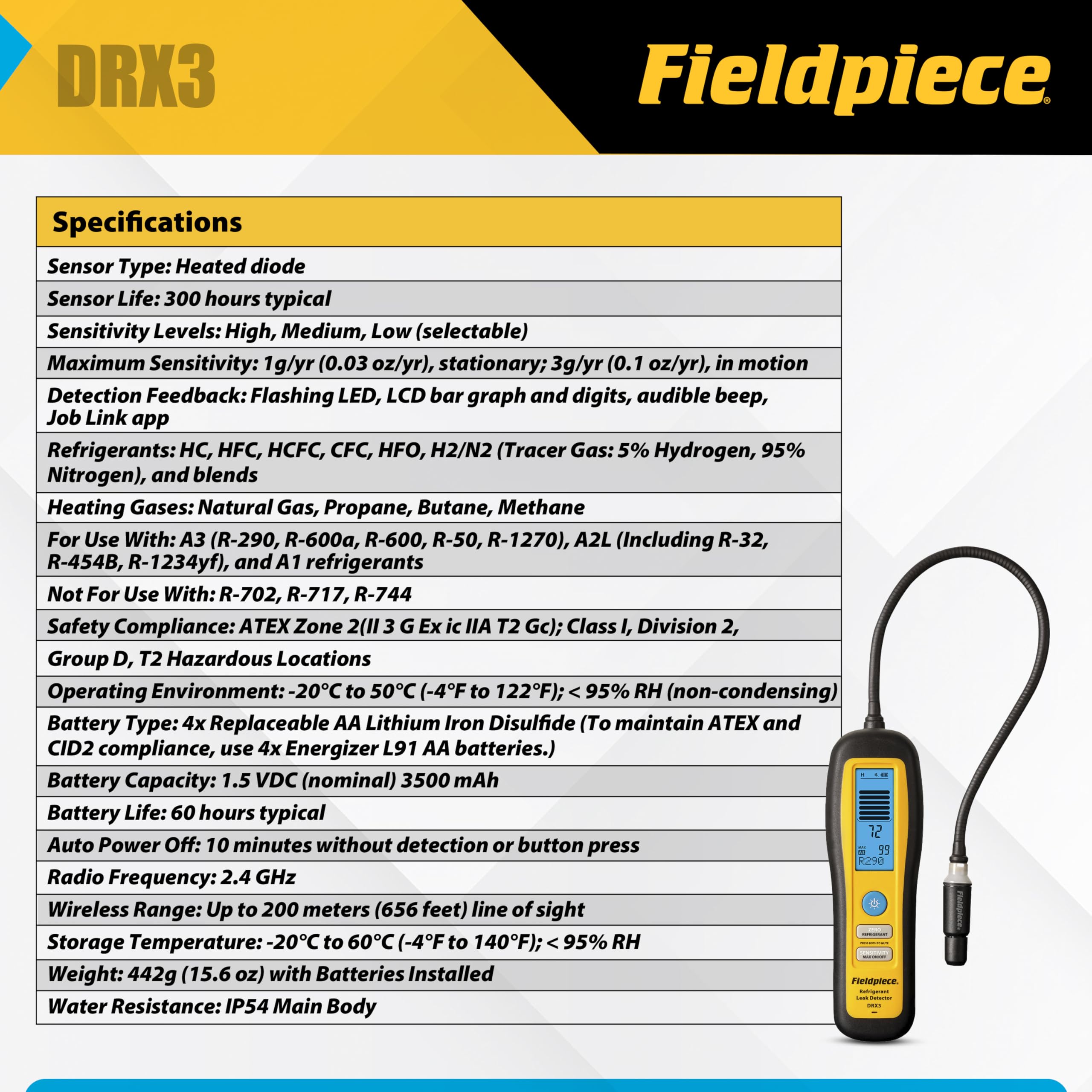 Fieldpiece DRX3 in use during HVAC inspection to quickly find refrigerant leaks on equipment
