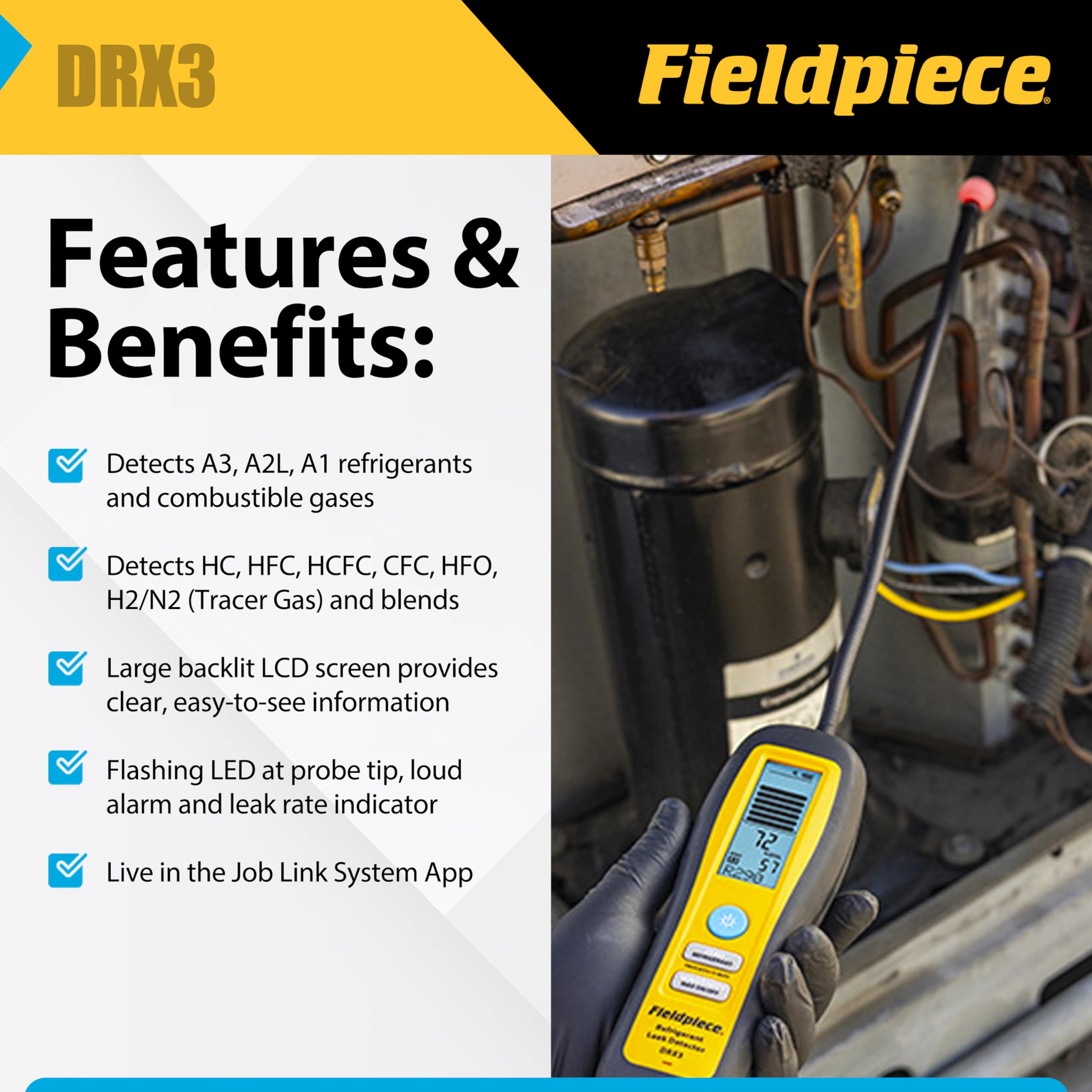 Fieldpiece DRX3 heated diode sensor closeup emphasizing field-replaceable design for uptime