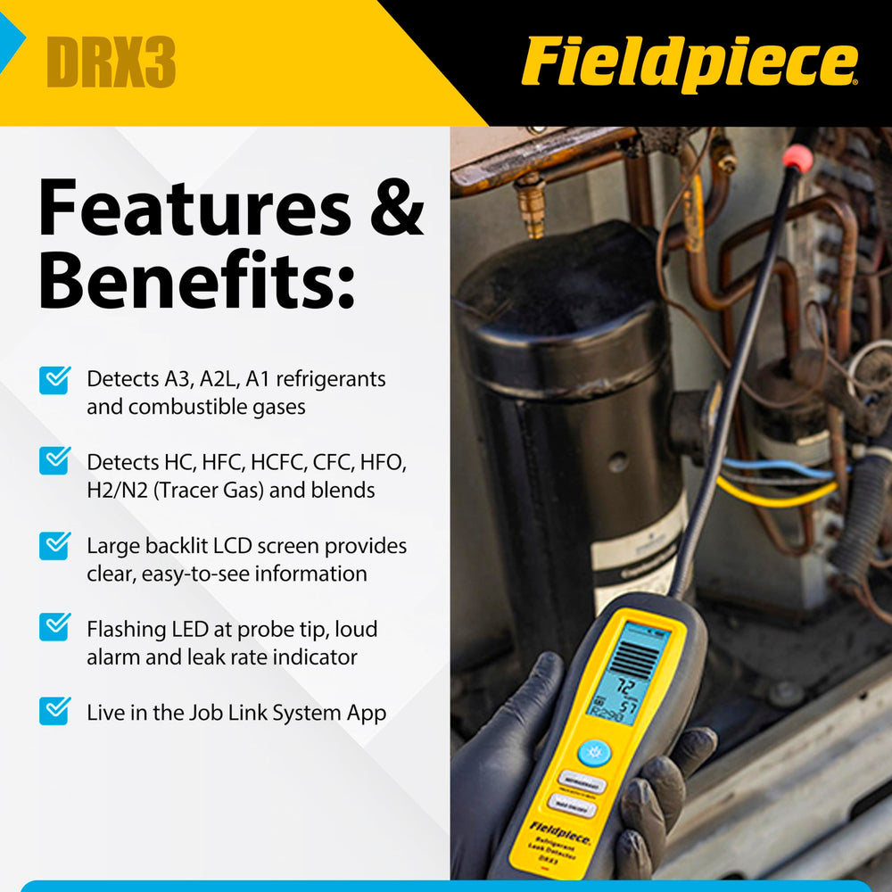 Fieldpiece DRX3 heated diode sensor closeup emphasizing field-replaceable design for uptime