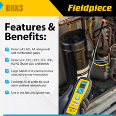 Fieldpiece DRX3 heated diode sensor closeup emphasizing field-replaceable design for uptime