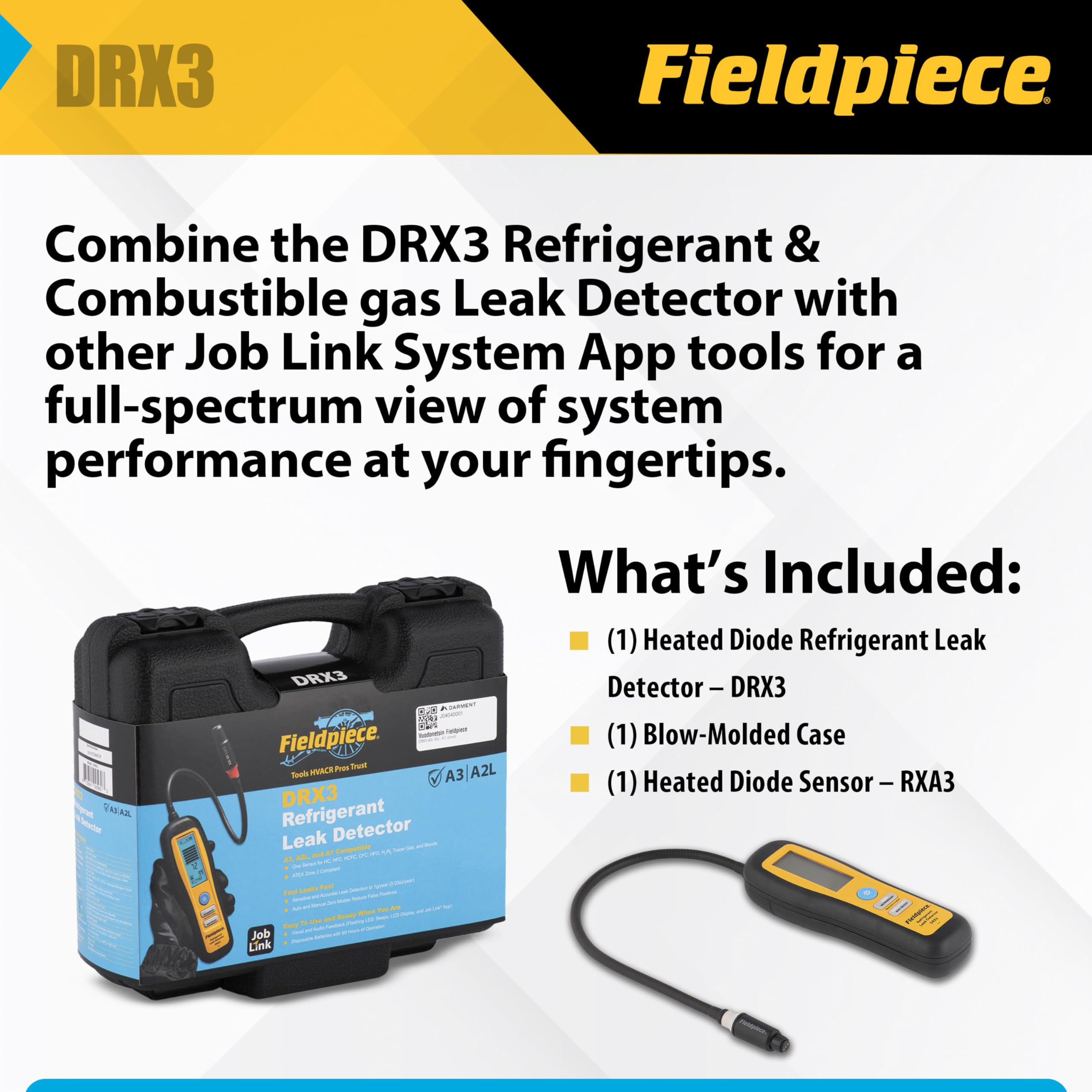 Fieldpiece DRX3 held next to hand and phone showing lightweight, portable scale benefit