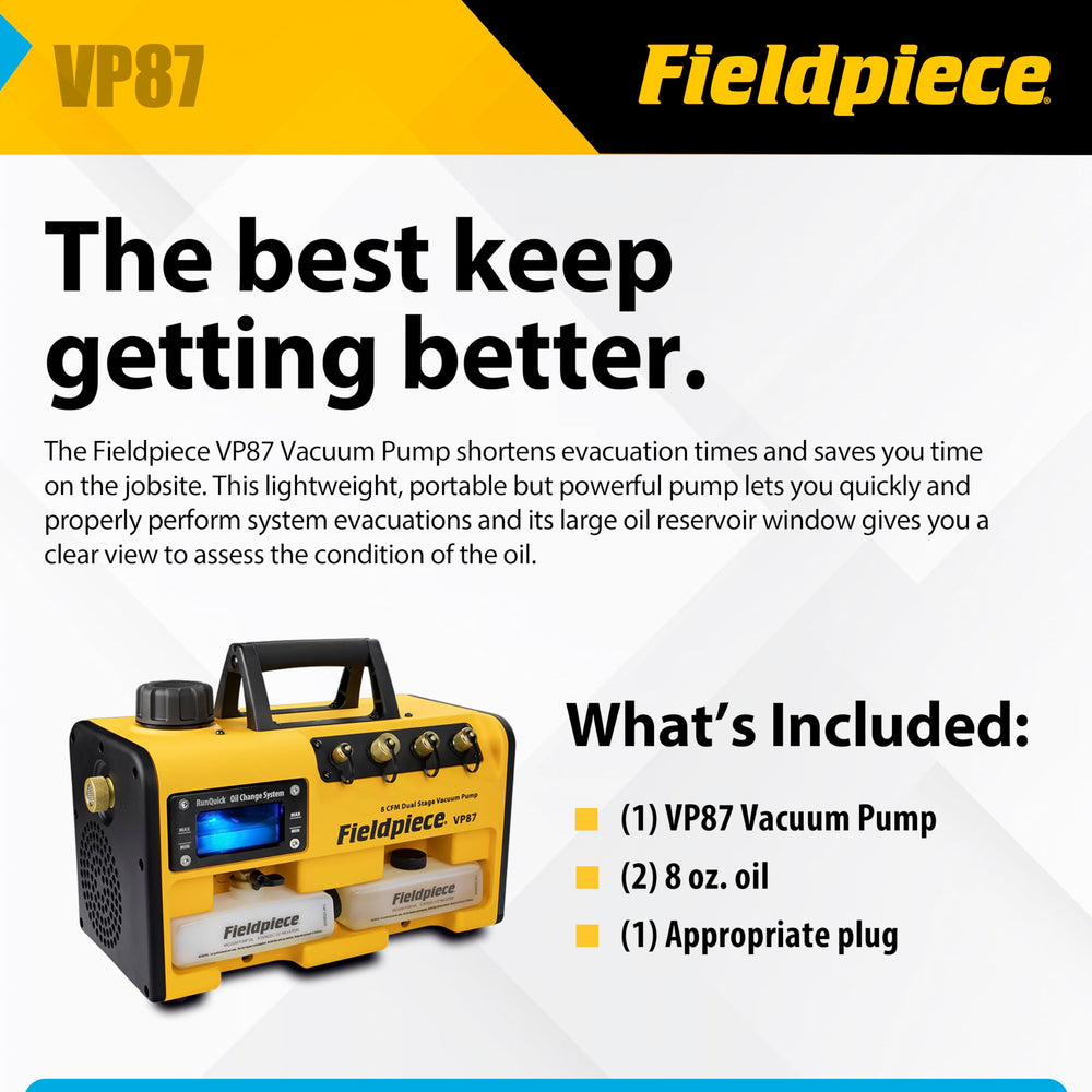 Fieldpiece VP87 with two 8oz oil bottles and accessories ready for immediate use