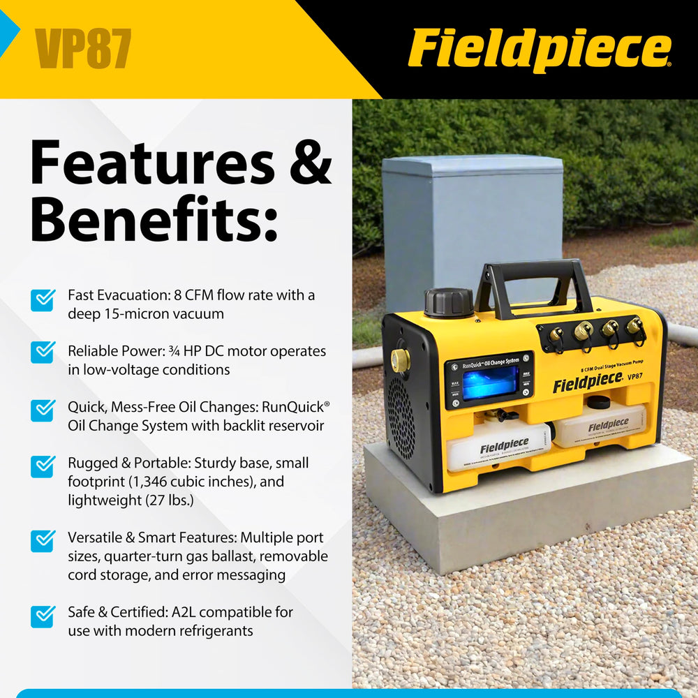 Fieldpiece VP87 RunQuick oil system close-up illustrating fast, clean oil changes