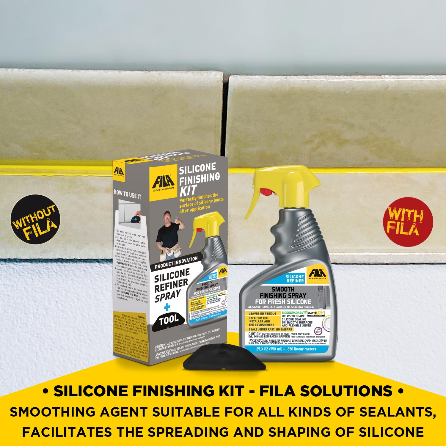FILA product in use smoothing bathroom silicone for a professional finish