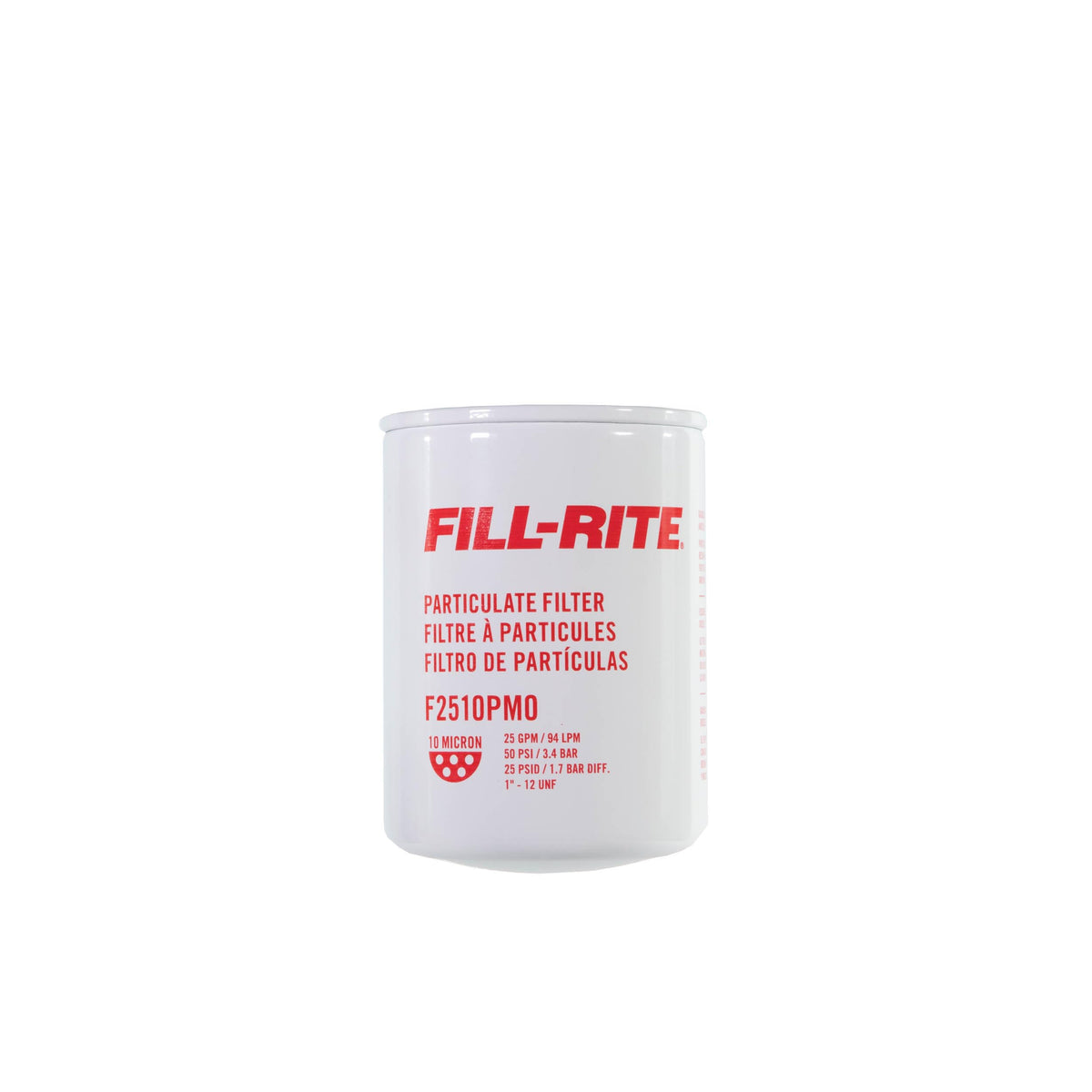 Fill-Rite front view of filter showing label and durable housing benefit