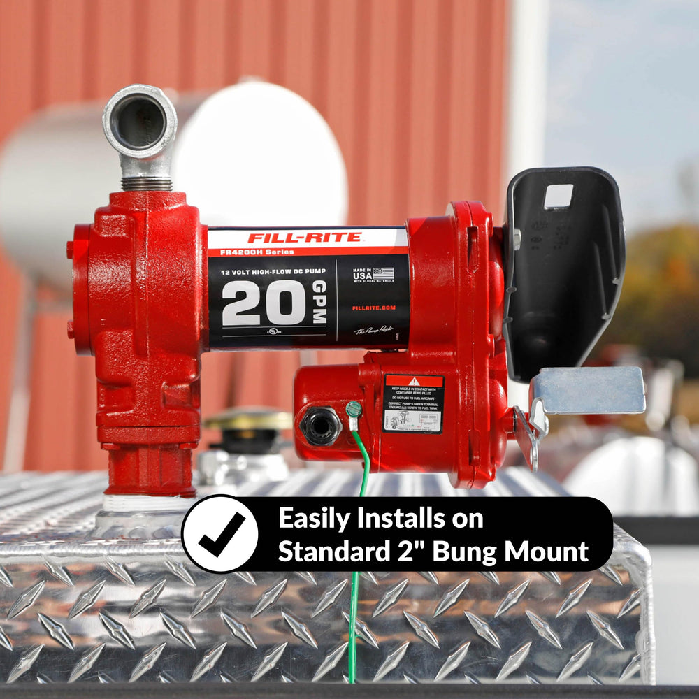 Fill-Rite pump in hand for scale showing compact size and portability benefit