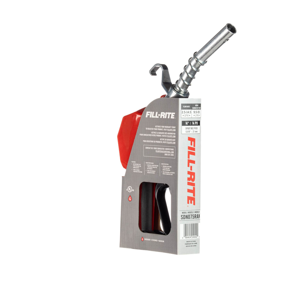 Fill‑Rite SDN075RAN label and materials photo showing cast‑aluminum construction and compatible fuel types