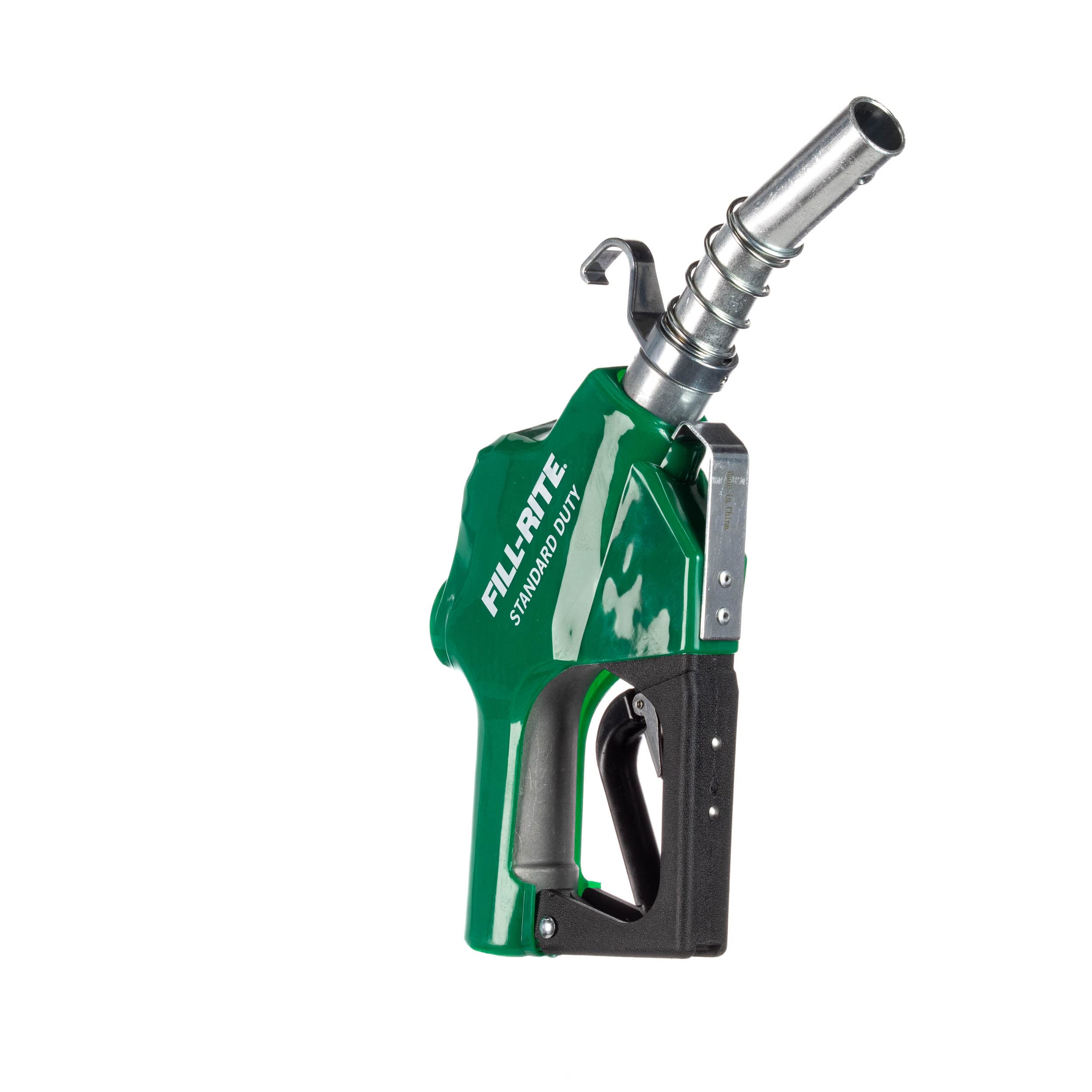 Fill-Rite nozzle front angle view showing green jacket and durable body benefit