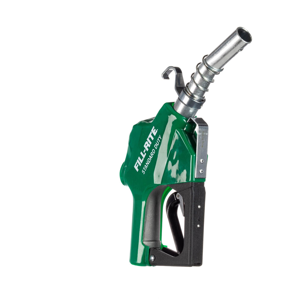 Fill-Rite nozzle front angle view showing green jacket and durable body benefit