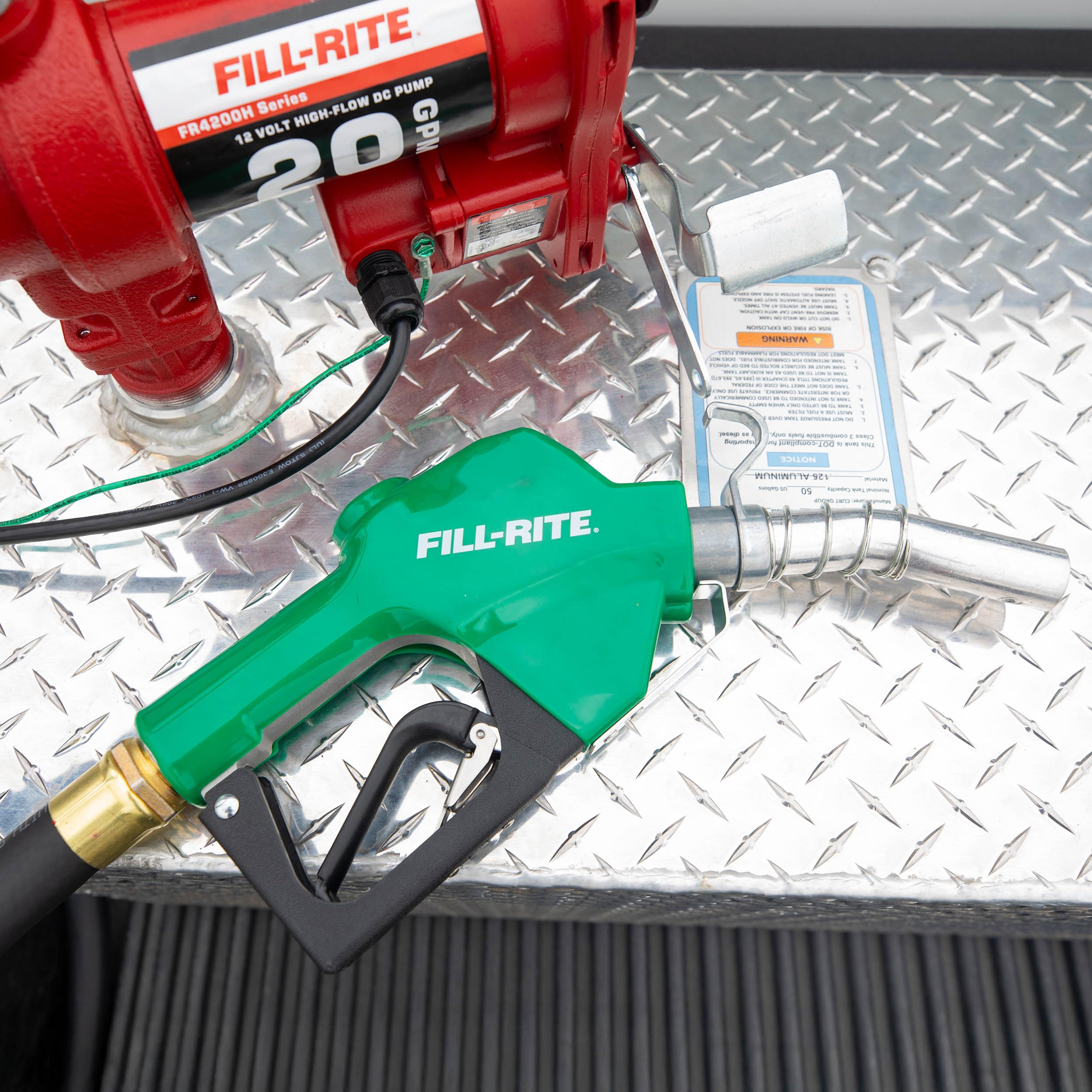 Fill-Rite nozzle attached to fuel hose demonstrating secure connection benefit