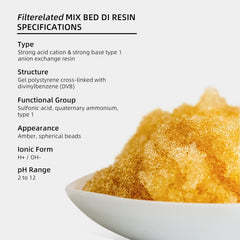 Filterelated resin granules texture detail highlighting high-purity mixed-bed composition for deionization
