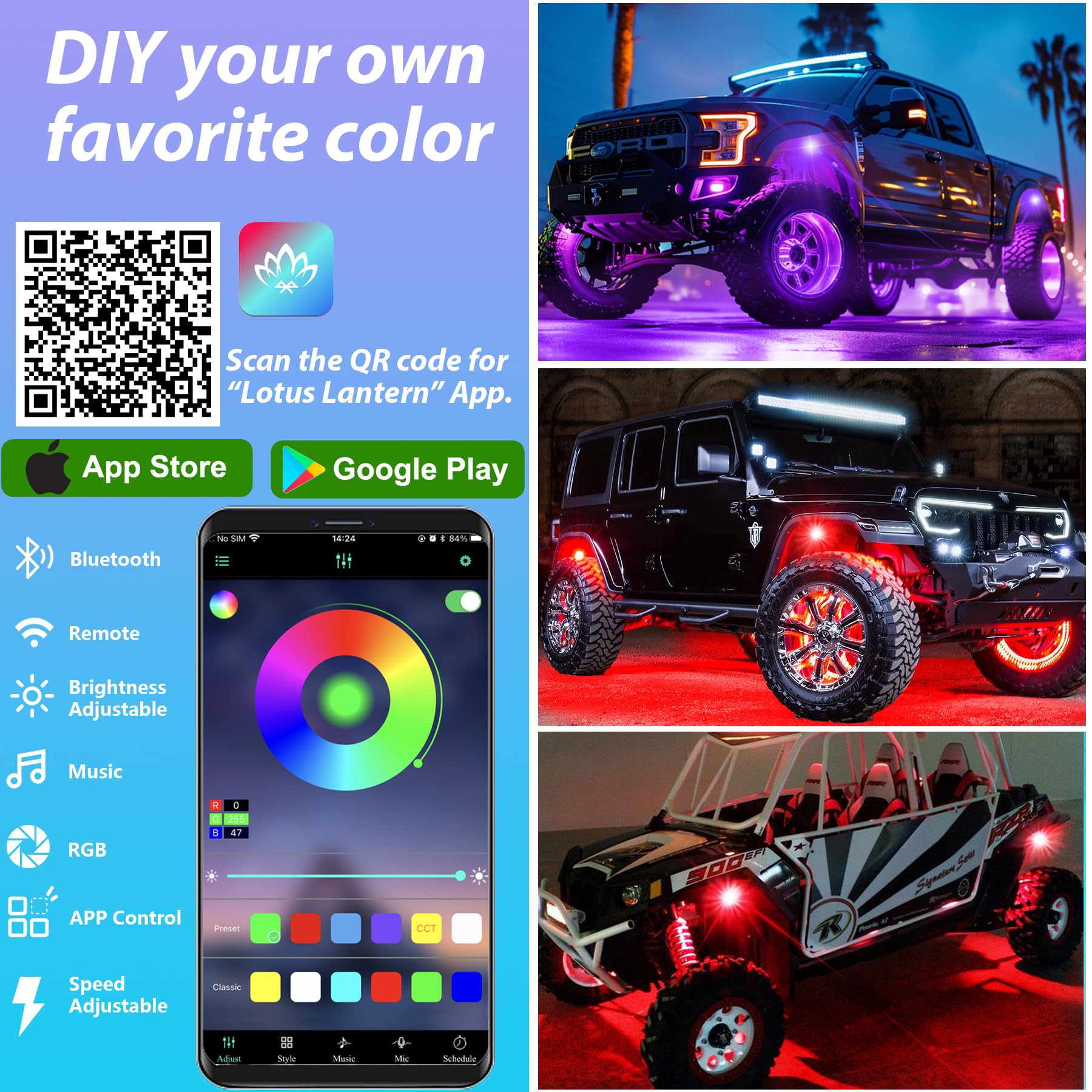 Fimker app control on smartphone displaying RGB palette and music mode customization