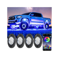 Fimker front view of 4-pod underglow kit showing compact durable housings and bright LEDs