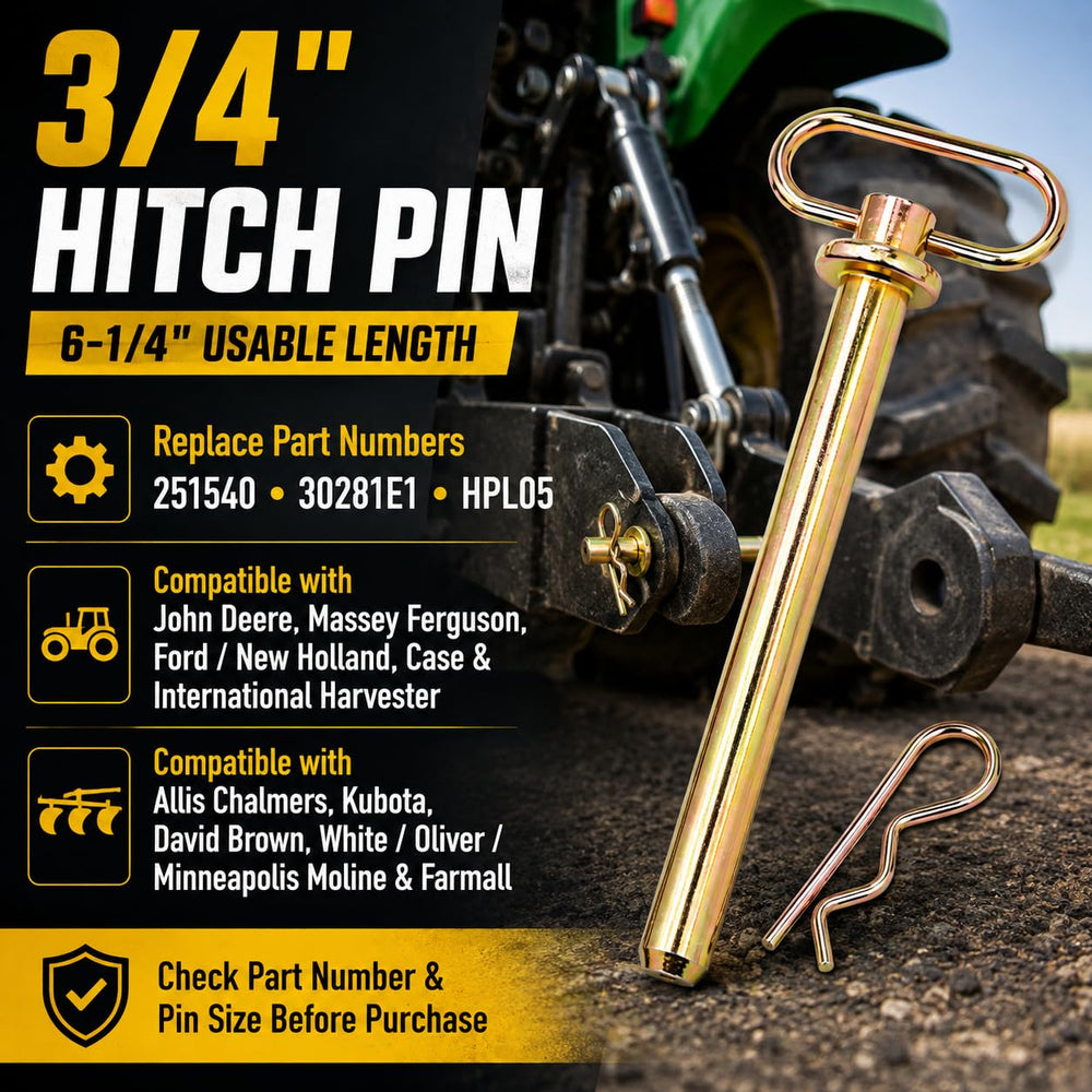 Firmusparts hitch pin beside ruler showing 6-1/4 inch usable length for precise fit