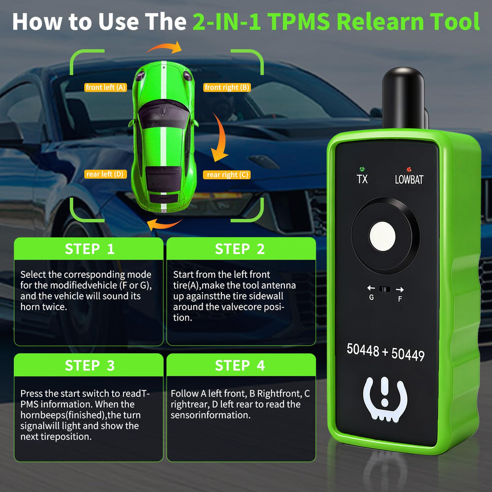 FIRSTOOL activating a tire sensor beside wheel demonstrating fast TPMS relearn