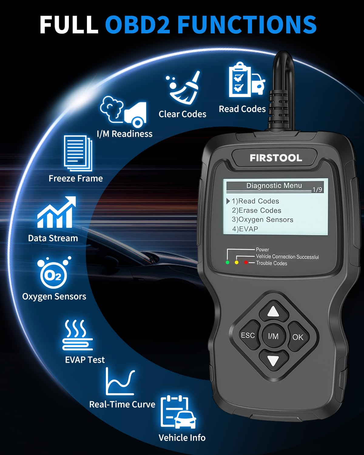 FIRSTOOL V390 OBDII connector detail illustrating secure plug-in benefit