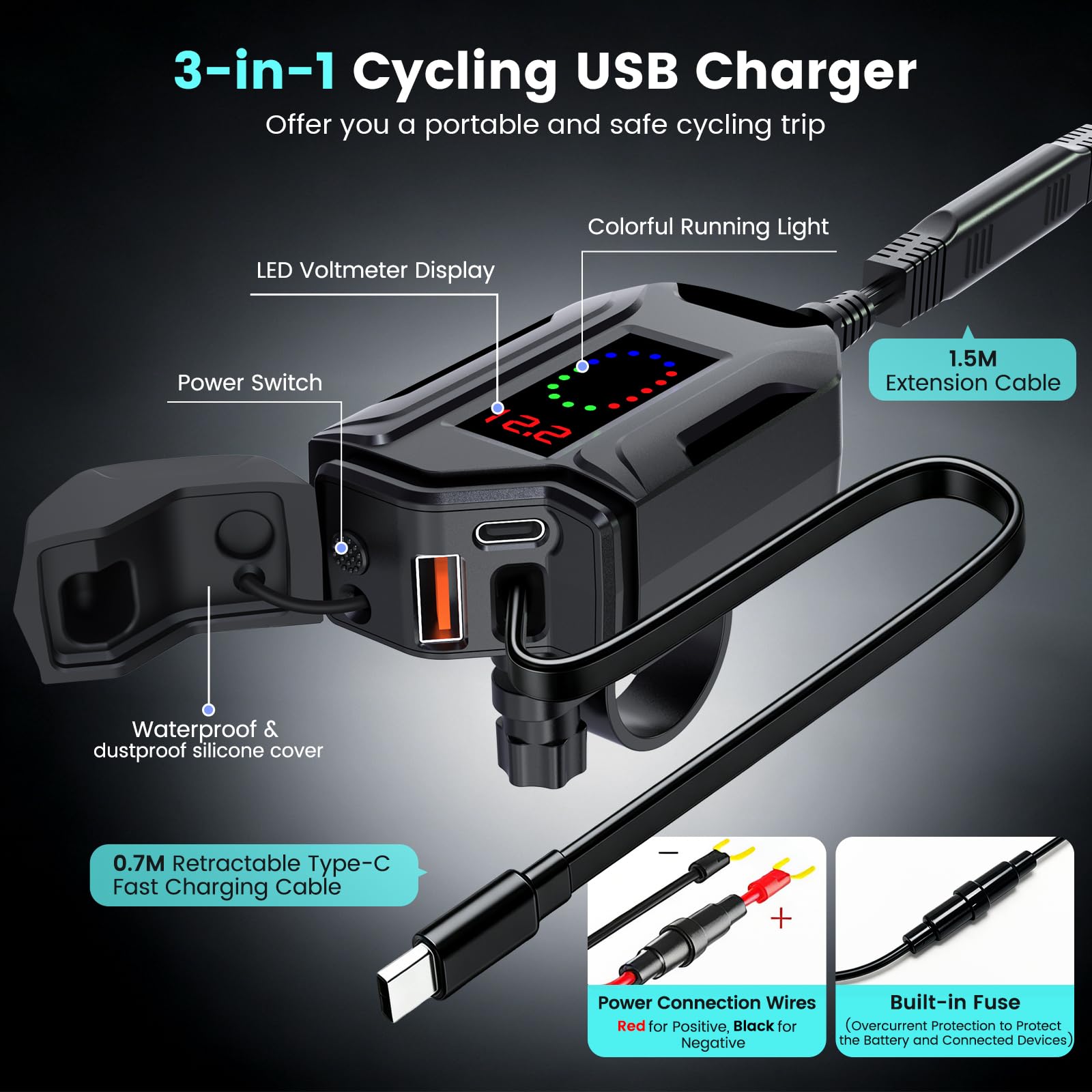 FISHOAKY closeup of USB-C, USB-A and retractable cable for fast charging