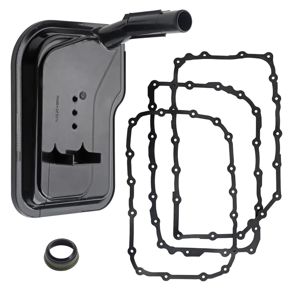 Fitede front view of transmission filter kit showing components and fitment benefits