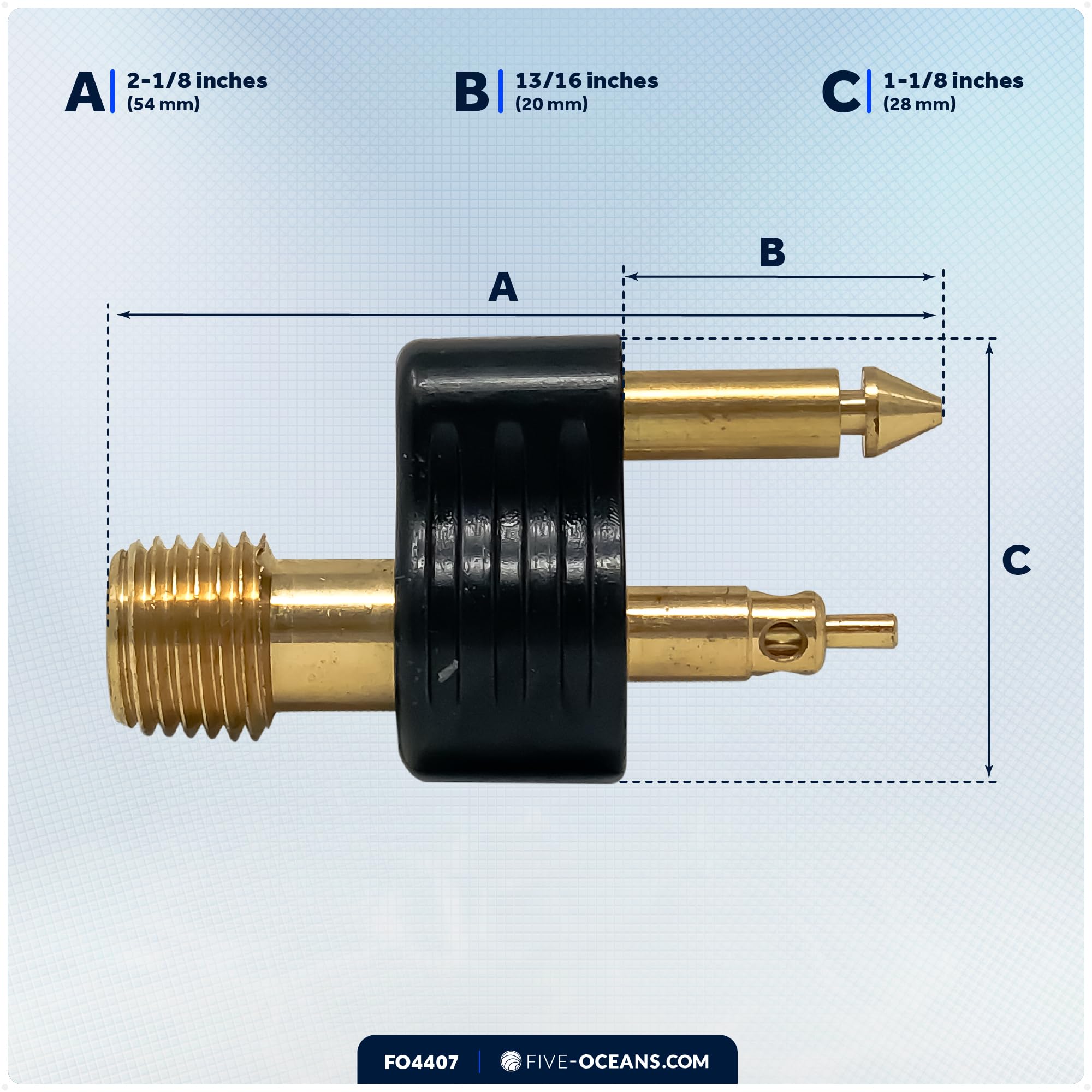 Five Oceans connector attached to outboard fuel line illustrating ready-to-use reliability