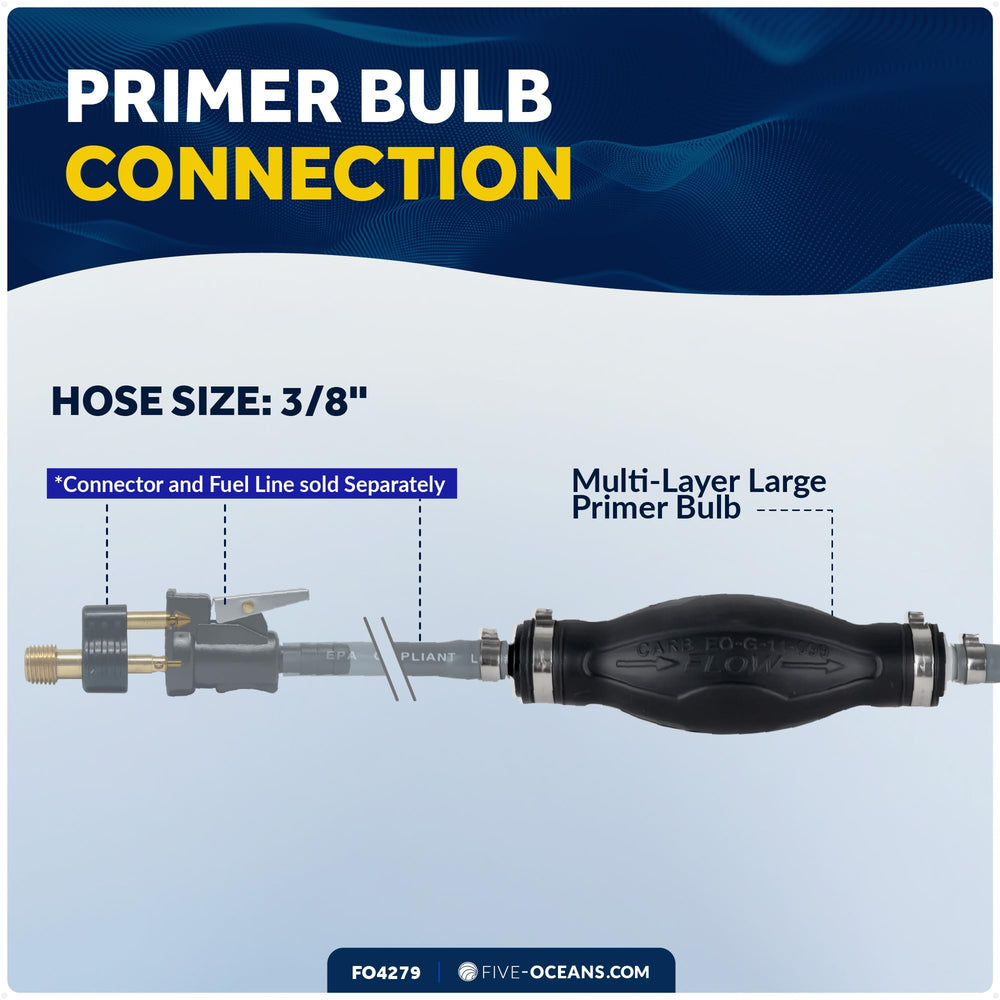 Five Oceans primer bulb installed on outboard fuel line enabling fast engine starts
