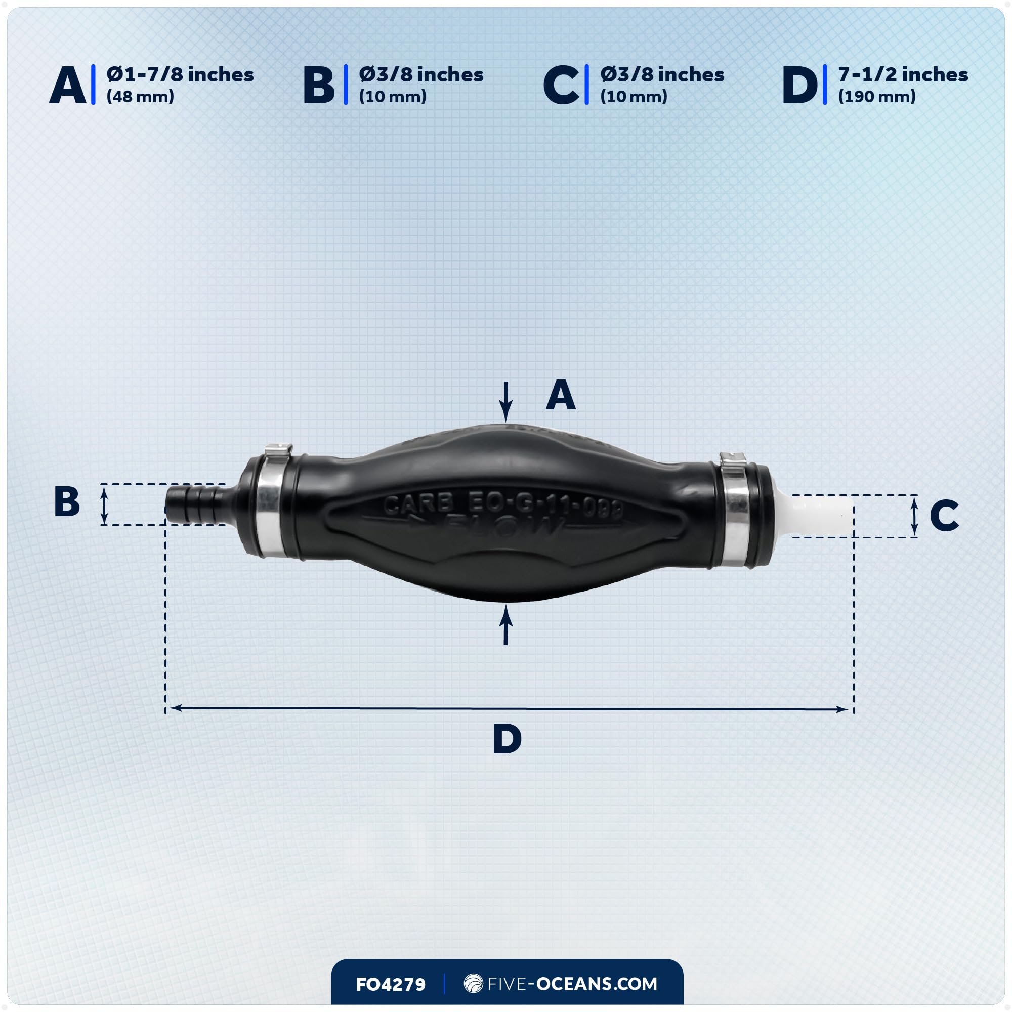 Five Oceans primer bulb packaging label with EPA and CARB approval for compliant use