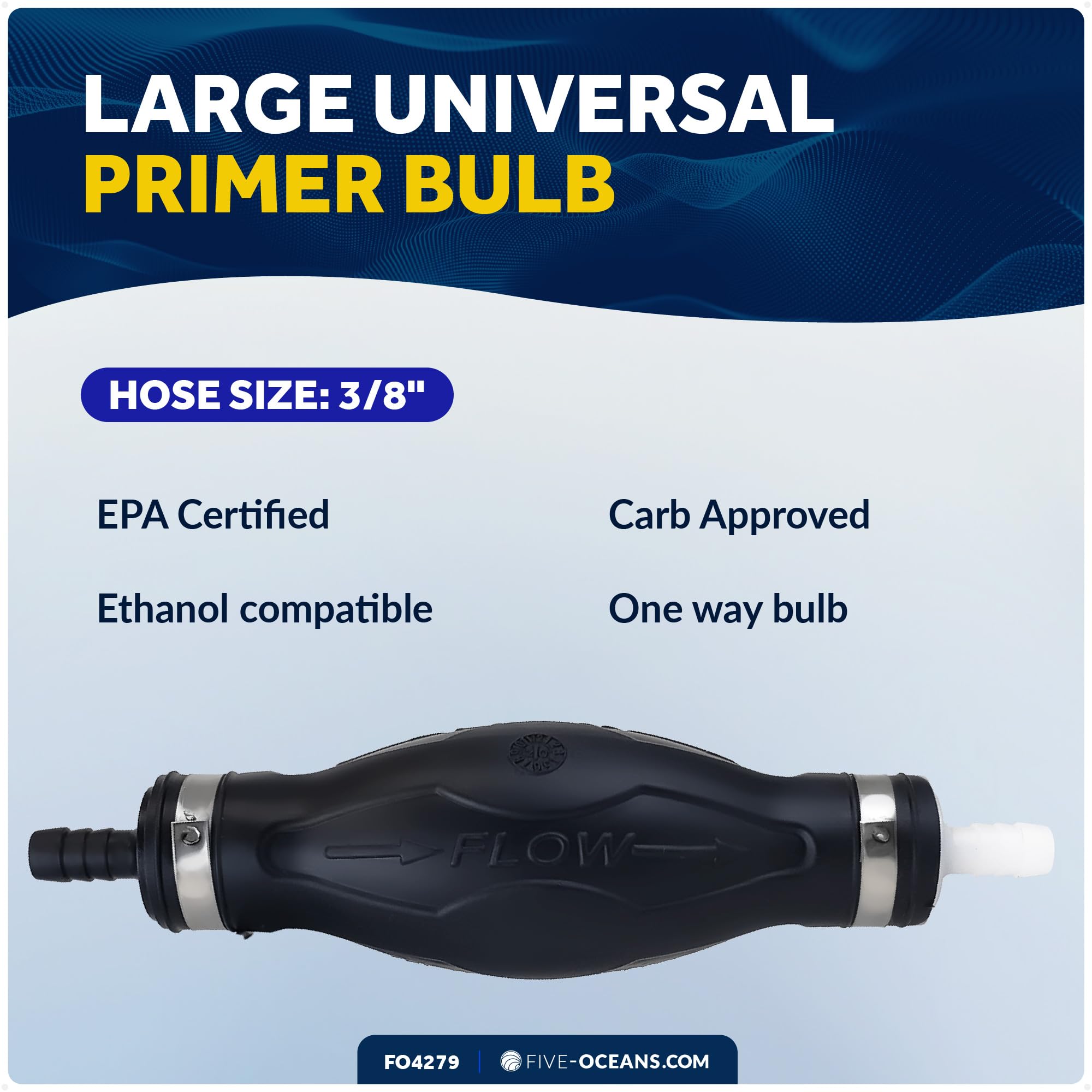 Five Oceans primer bulb stainless-steel clamp closeup resisting corrosion in saltwater