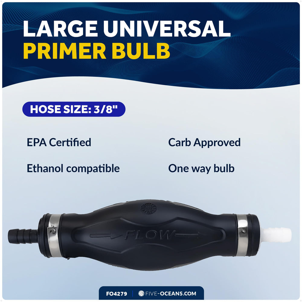 Five Oceans primer bulb stainless-steel clamp closeup resisting corrosion in saltwater