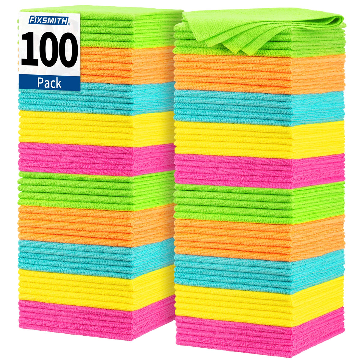 FIXSMITH front pack of 100 microfiber cloths showing value and organization benefit