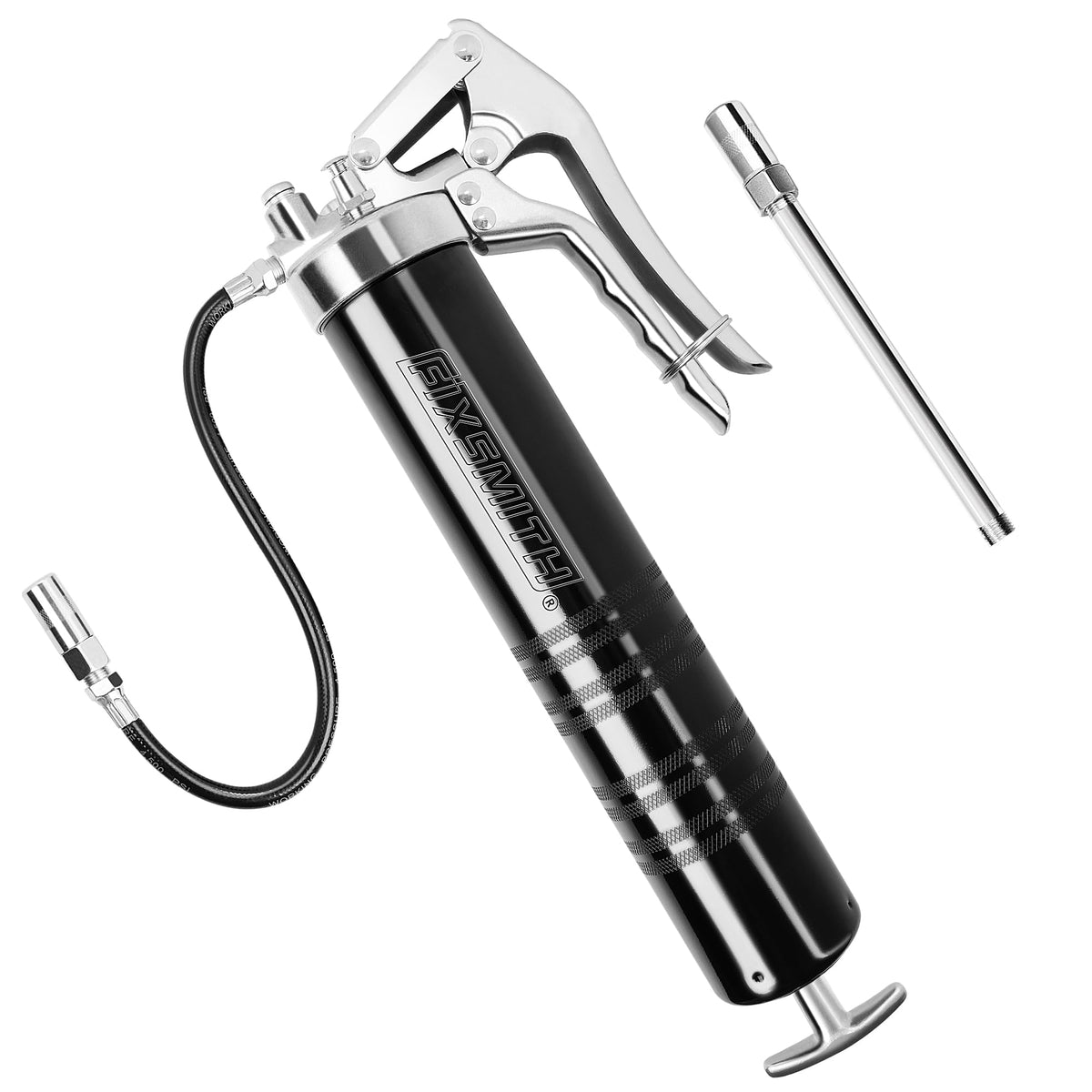 FIXSMITH grease gun front view showing pistol grip and benefits of ergonomic control