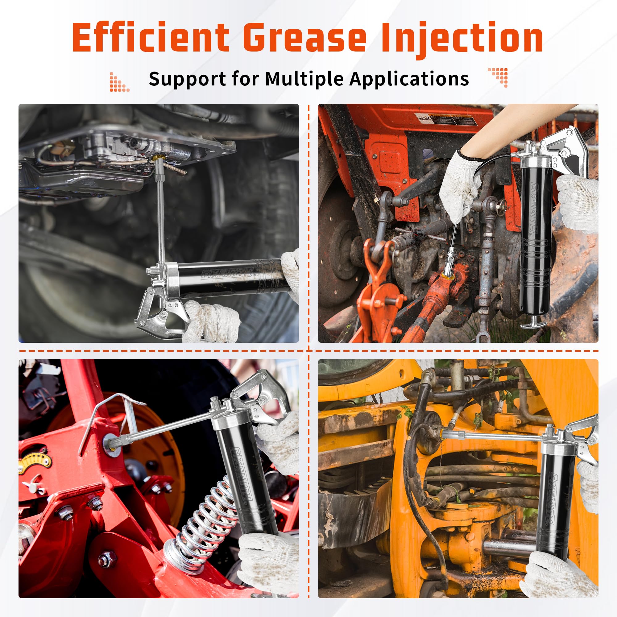 FIXSMITH grease gun in use on tractor highlighting heavy-duty performance benefit