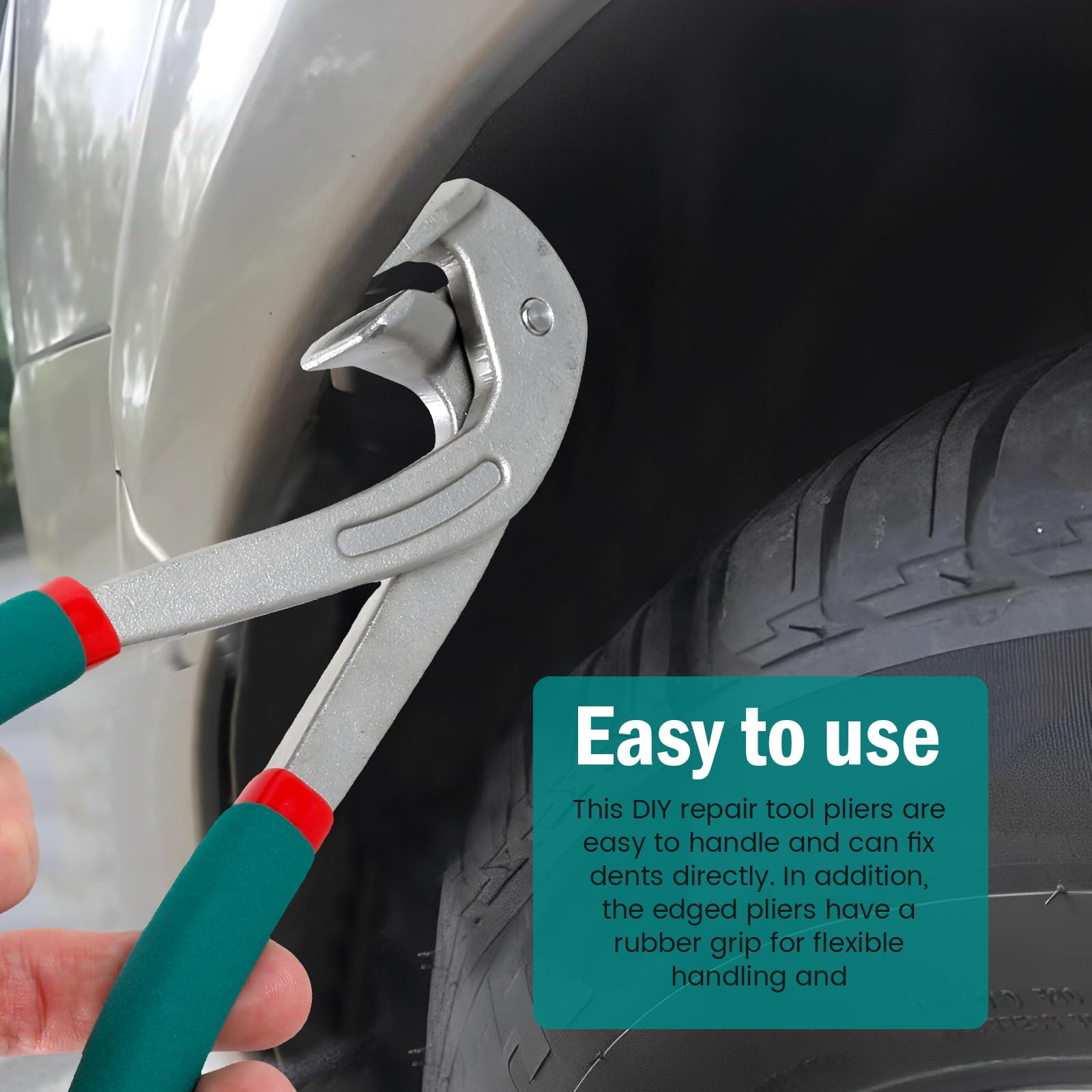 Fizocosisto clamp gripping fender lip to realign dented metal edge