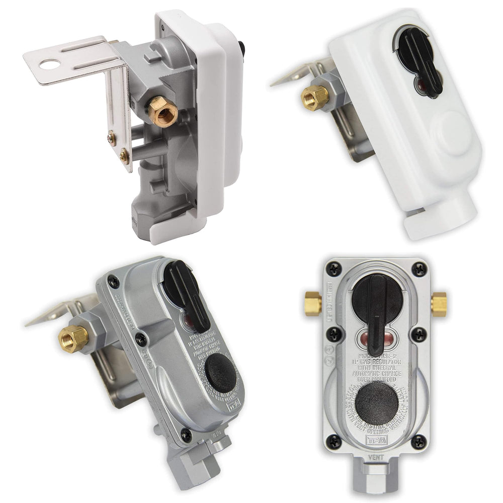 Flame King regulator mounted on RV tank bracket, supporting uninterrupted propane supply during swaps