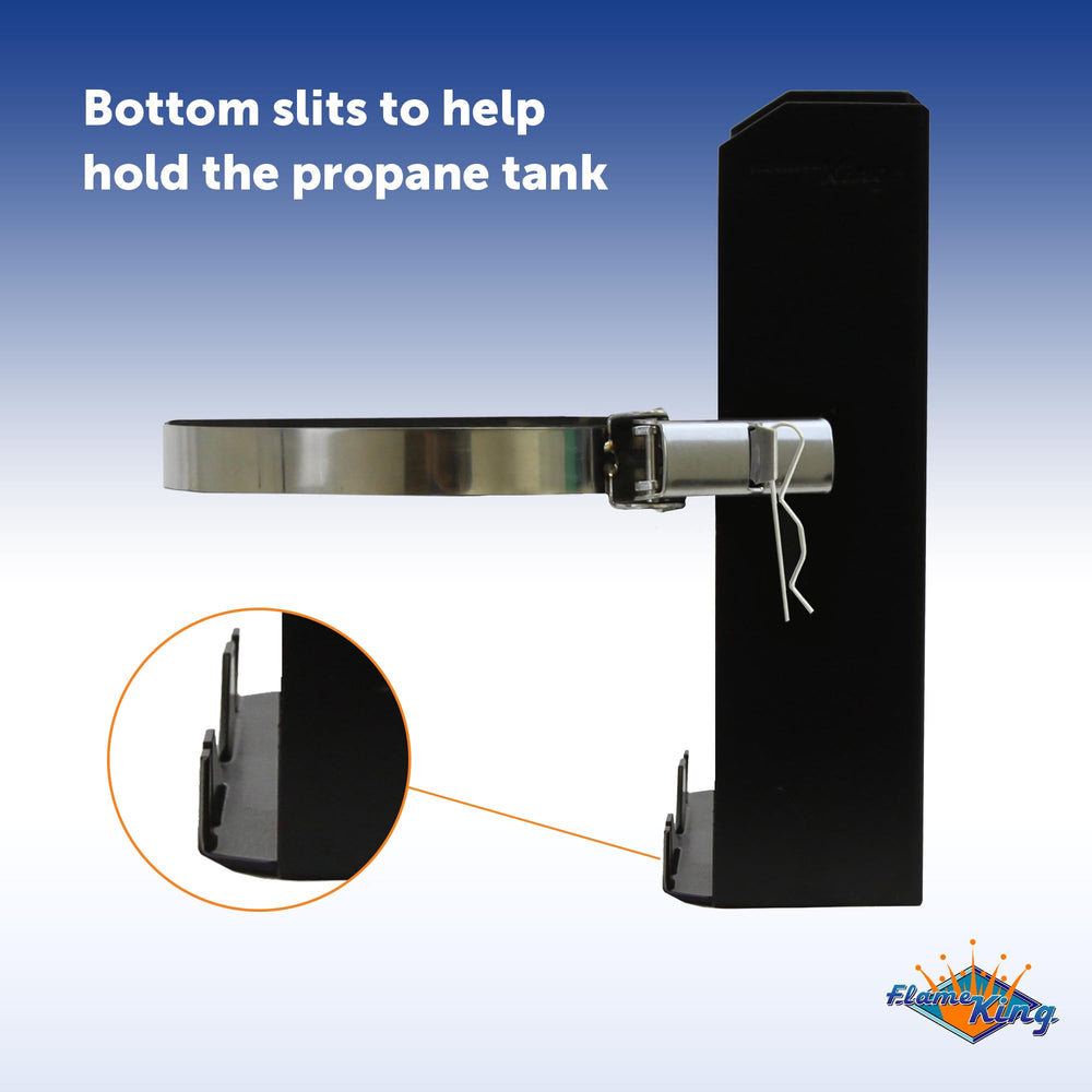 Flame King bracket mounted on a jeep tailgate for safe transport