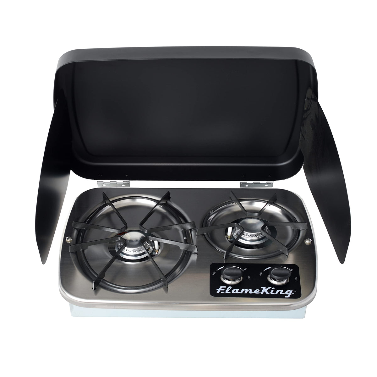 Flame King front view of two-burner RV cooktop showing compact layout and finish