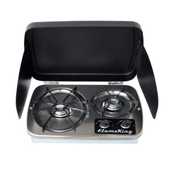 Flame King front view of two-burner RV cooktop showing compact layout and finish