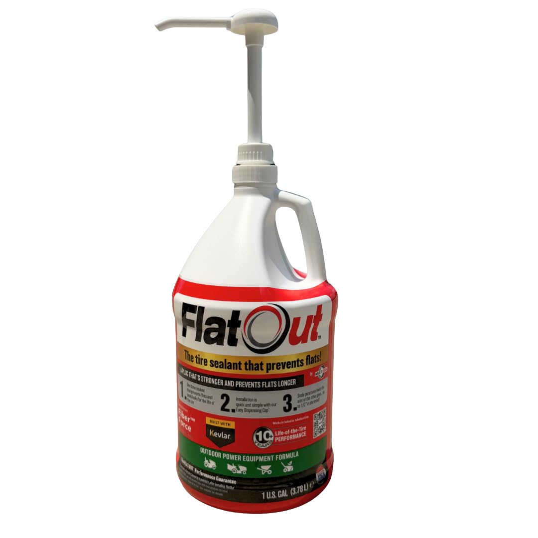 FlatOut gallon container front view showing product and clear usage benefit