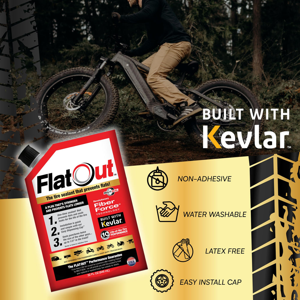 FlatOut used on riding lawn mower tire showing landscaper-ready puncture protection