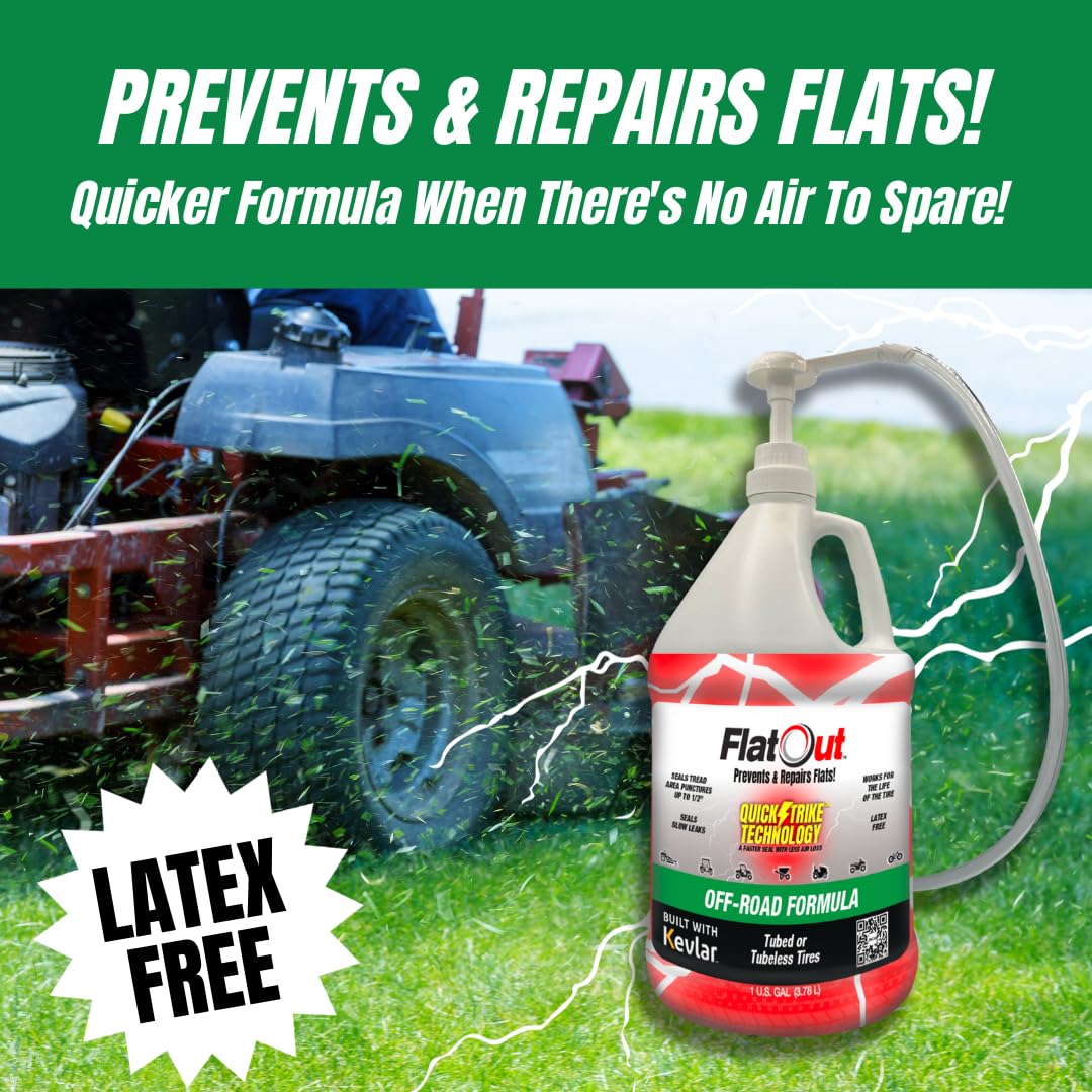 FlatOut QuickStrike gallon beside a tire showing kit scale and coverage