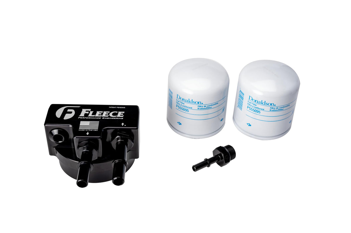 Fleece Performance front view of fuel filter assembly showing ready-to-install benefits