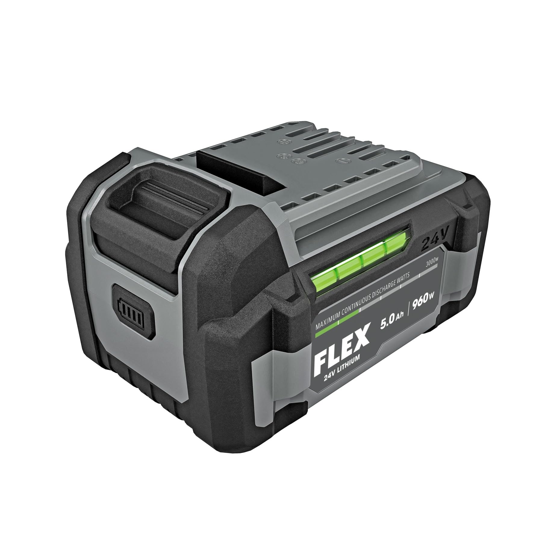 FLEX 24V 5.0Ah battery front view showing rugged housing and compatibility