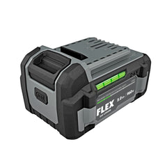 FLEX 24V 5.0Ah battery front view showing rugged housing and compatibility