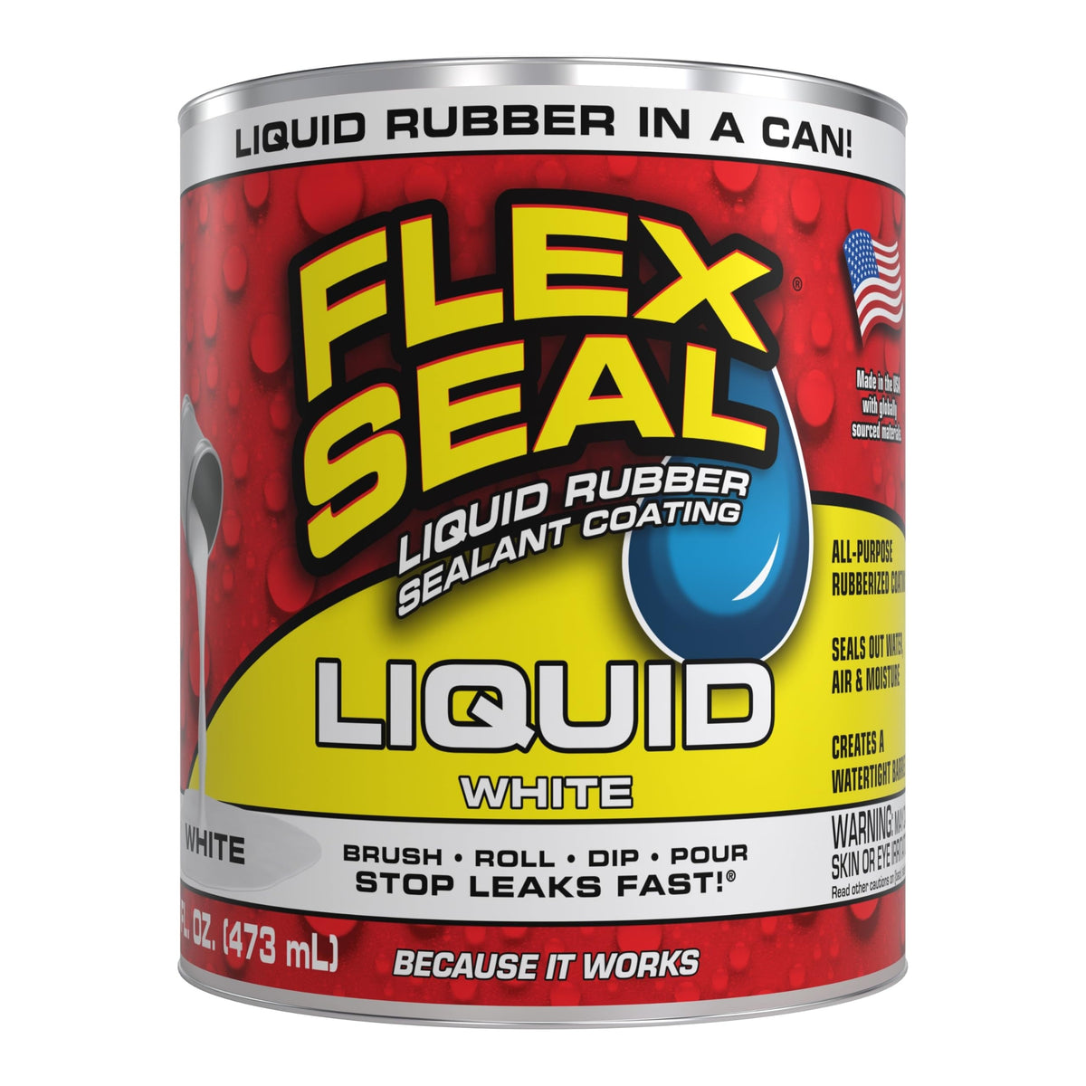 Flex Seal Liquid front can white showing product packaging and benefit
