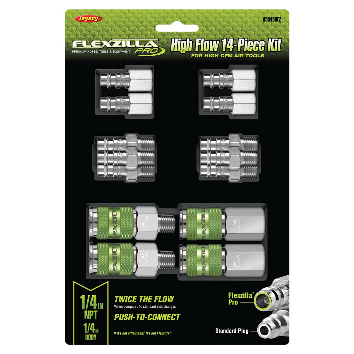 Flexzilla closeup of coupler detail highlighting high-flow port and durable nickel