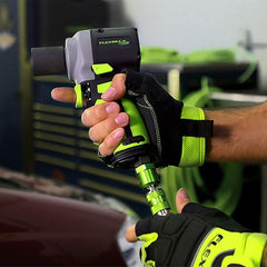 Flexzilla fittings next to a pneumatic tool showing size and compatibility benefits