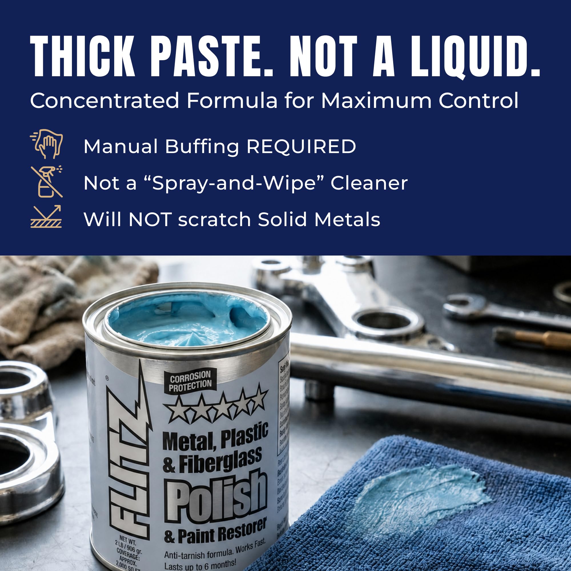 FLITZ metal polish can open with visible paste showing ease of access and longevity