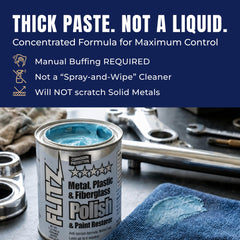 FLITZ metal polish can open with visible paste showing ease of access and longevity