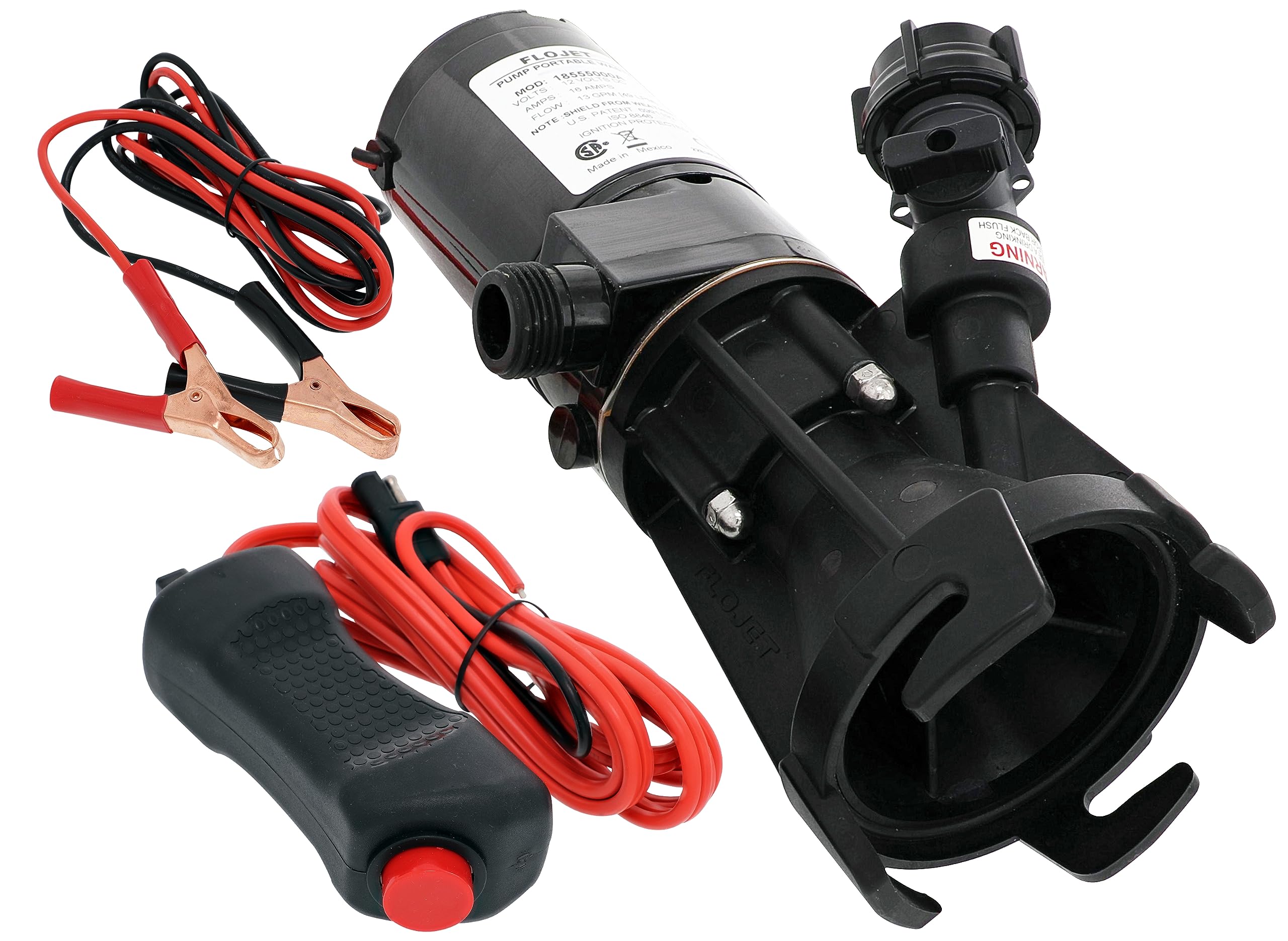 Flojet 18555-000A front view showing pump body and connections, demonstrating compact portability