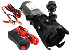 Flojet 18555-000A front view showing pump body and connections, demonstrating compact portability