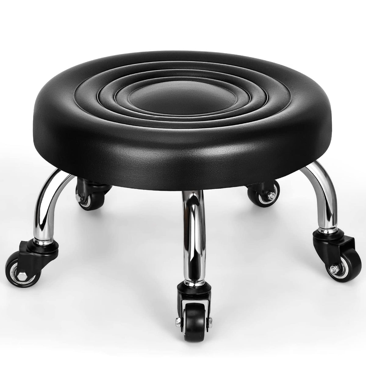 FLOLXNB front view of low rolling stool showing compact seat and stance benefit