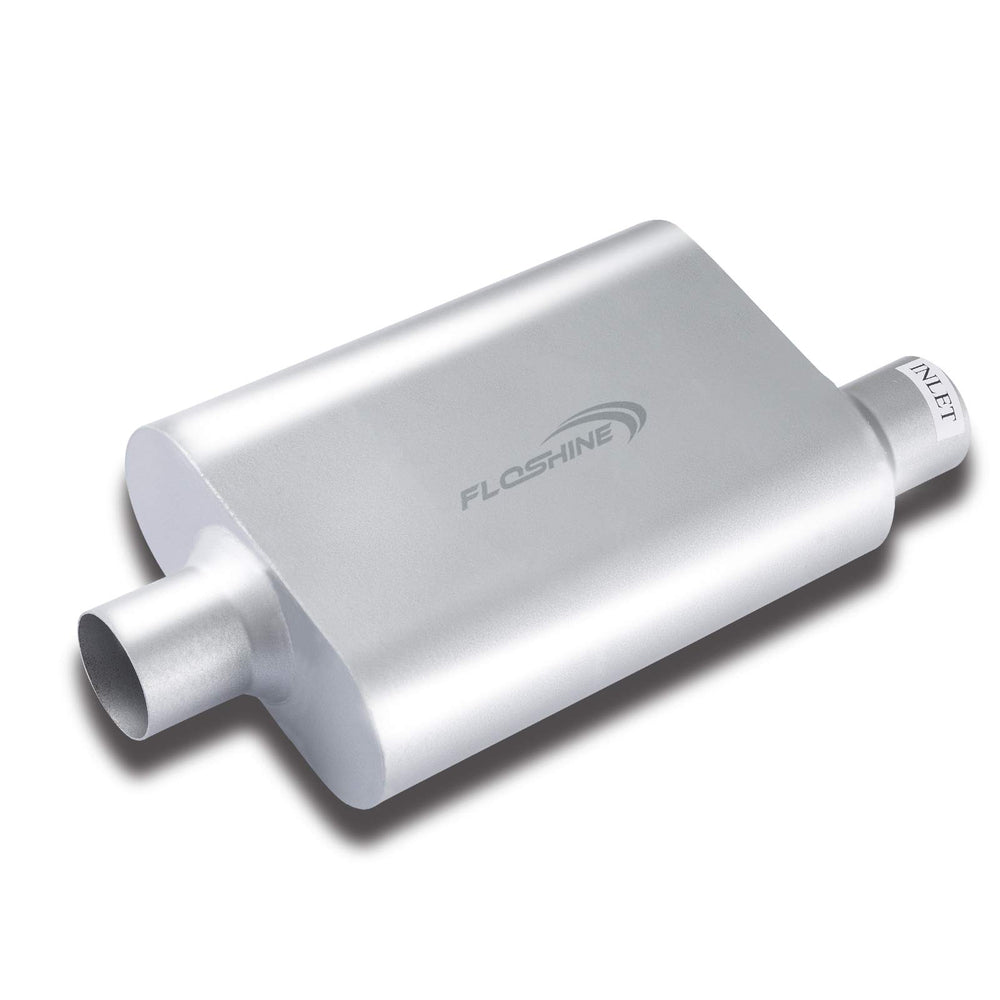 Floshine front view of muffler showing inlet and outlet, illustrates fit benefits